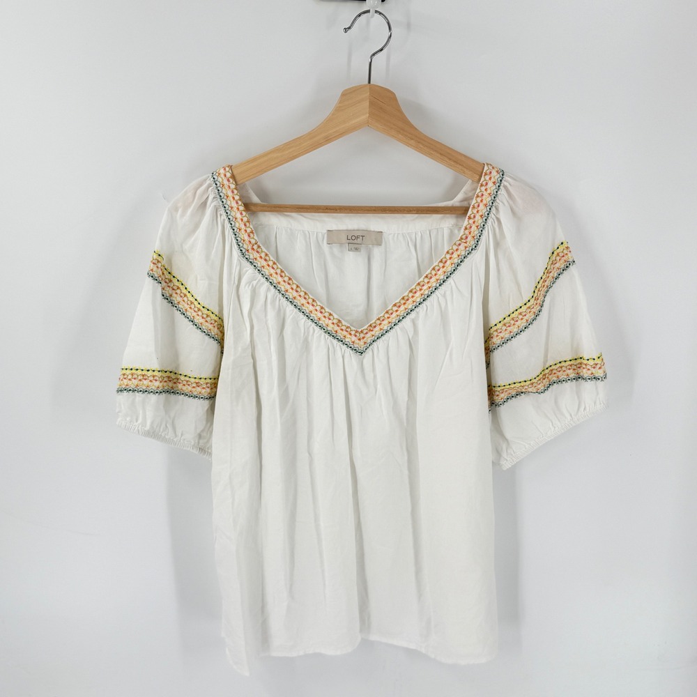 Loft Peasant Blouse White Large Embroidered V-Neck Puff Sleeve Cotton Blend - Picture 8 of 8
